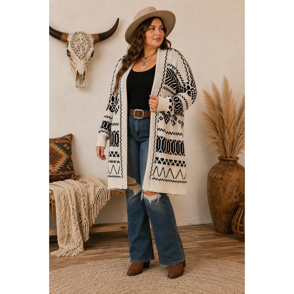 Maurices 2X Southwestern Long Cardigan Boho Western Cowgirl Sweater Black White